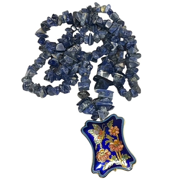 Vintage 70s Lapis Lazuli Necklace w/ Cloisonne Butterfly Pendant 15” Hand-Beaded - Picture 2 of 11